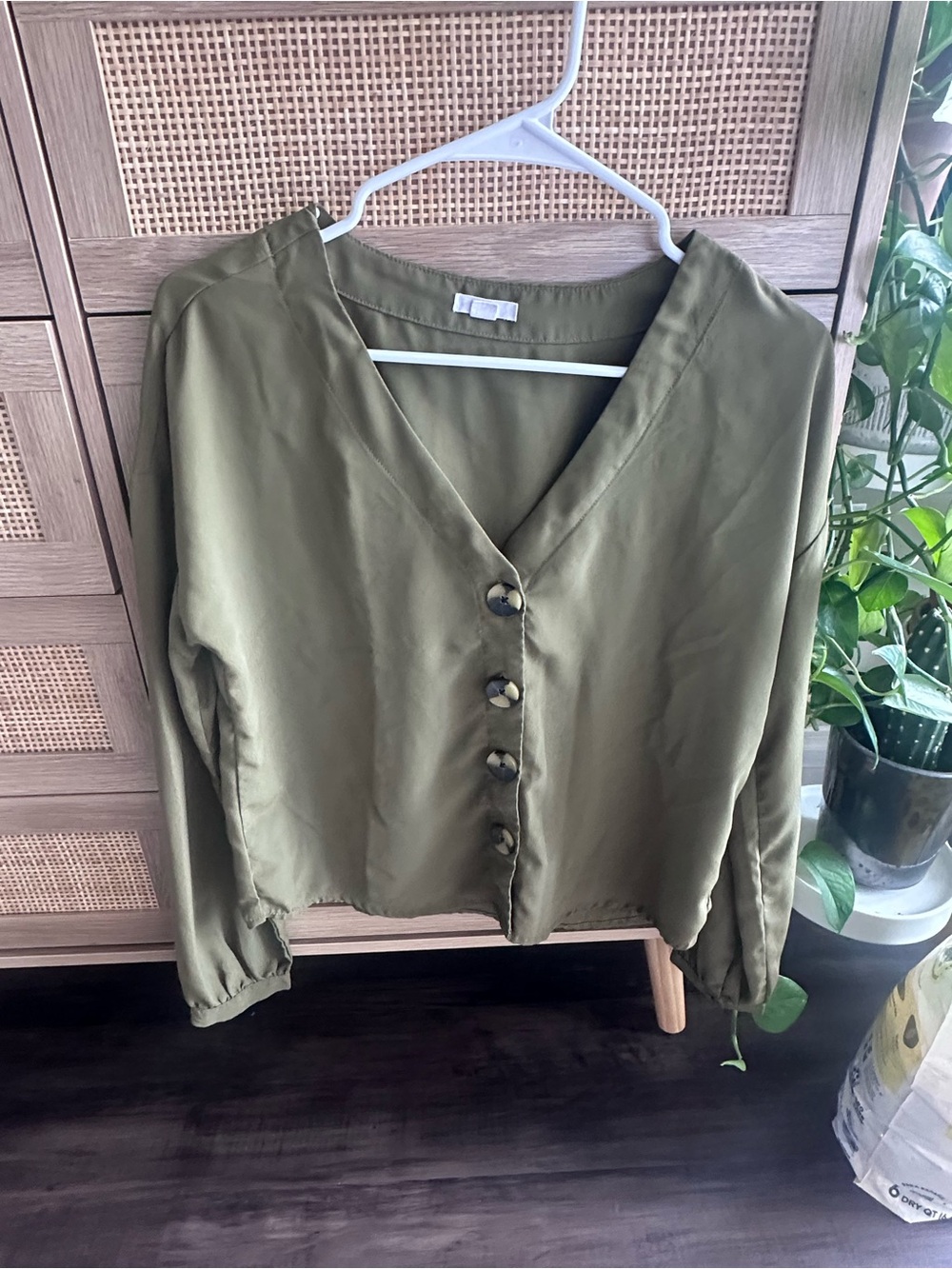 Ardene Olive Green Button-Front V-Neck Blouse